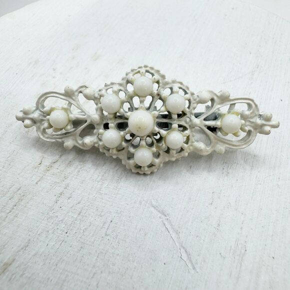 Vintage White Enamel Open Filigree Bar Brooch Pin - Picture 1 of 4